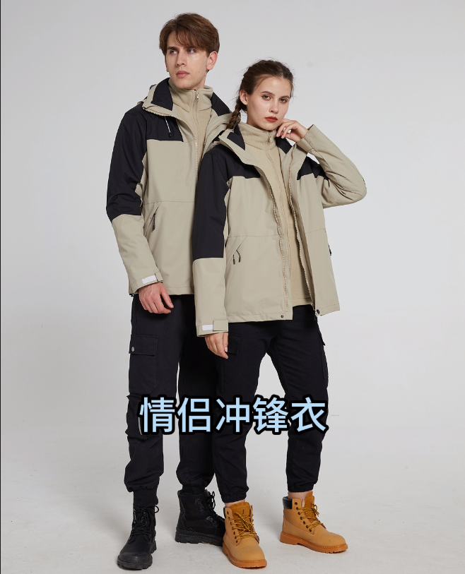 外衣：150D高彈春亞紡-100%聚酯纖維內(nèi)膽：300克雙面搖粒絨-100%聚酯纖維防水5000/透氣2000/防風(fēng)/保暖/三合一男女同款沖鋒衣登山服，奧特萊斯定制款防寒保暖情侶套裝沖鋒衣。